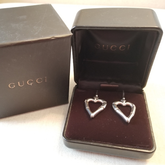 GUCCI Bamboo Heart Silver Hook Earrings - Picture 1 of 4